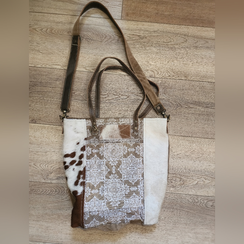 Cowhide/Brown and White Patterned Women's Crossbody Bag